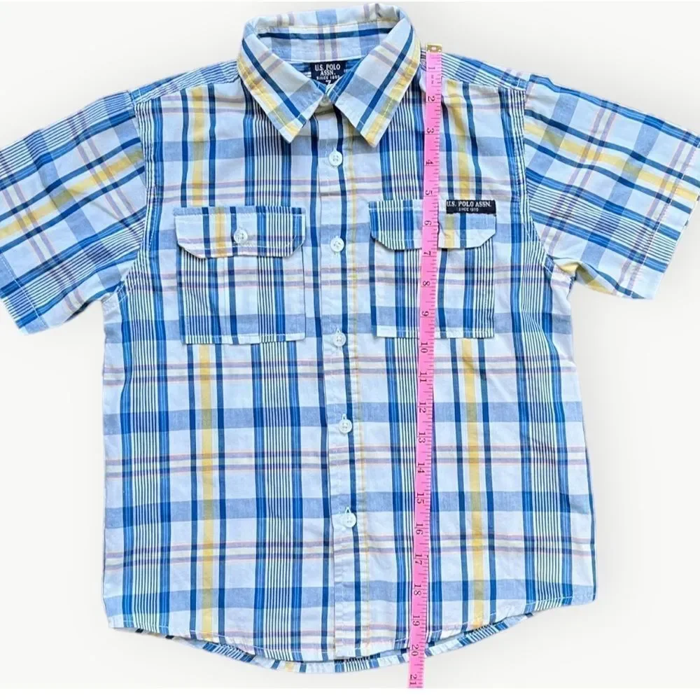 U.S. Polo Assn. Boys Kids Short Sleeve Blue Plaid Button Up Collared Shirt. 7.